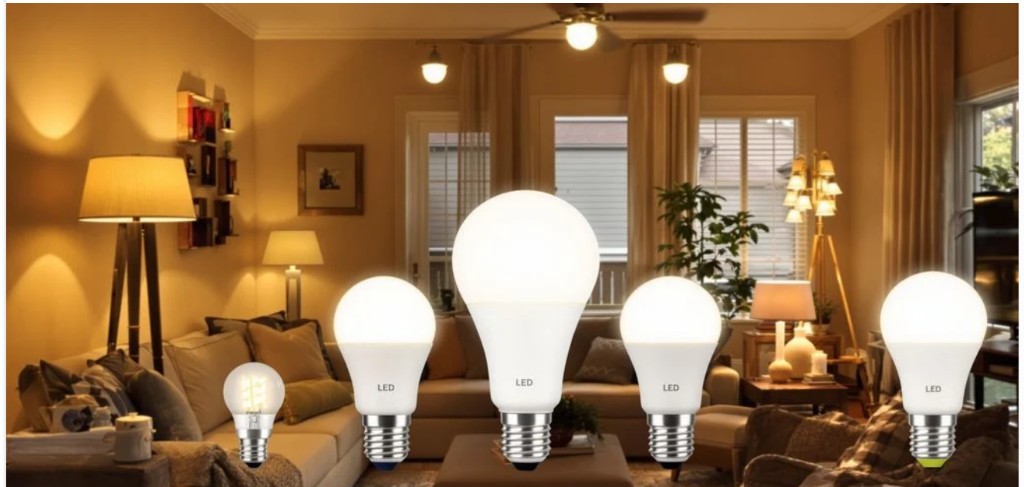 LED bulbs lighting a warm, modern living room